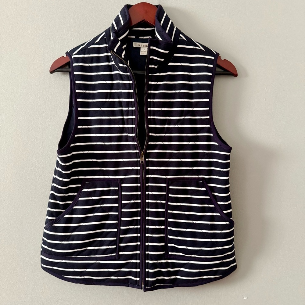 Navy and White Striped Sleeveless Nautical Vest Jacket Women size Small